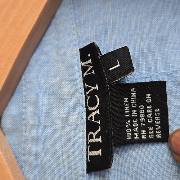 Tracy M. 100% Linen Button Down Light Blue Shirt 3/4 Sleeves Size L - Picture 4 of 7